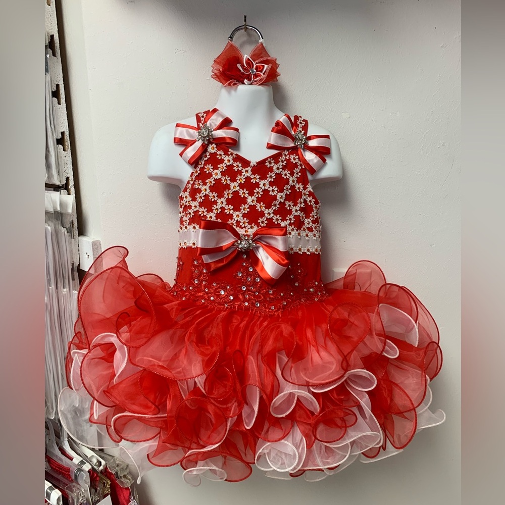 Size 4 Red & White Corset Back Beaded Cupcake Pageant Dress & Matching Bow NWT